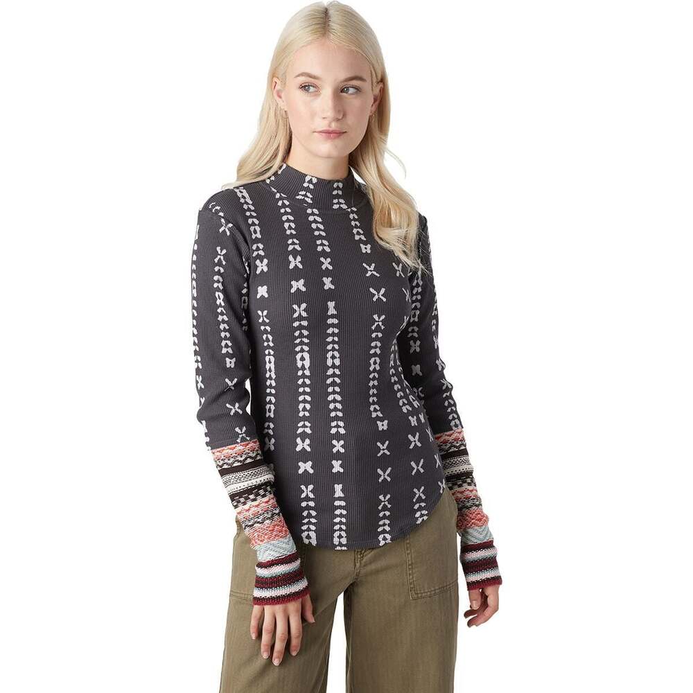 Free People Wonderful Swit Thermal Cuff Mock Neck Printed Waffle Knit Top Size S